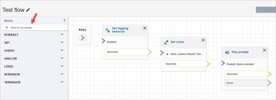 Concepteur de flux, bloc Définir le comportement de journalisation, bloc Définir la voix, bloc Lire l'invite.