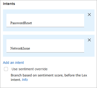 La section Intentions, l' PasswordReset intention et l' NetworkIssueintention.