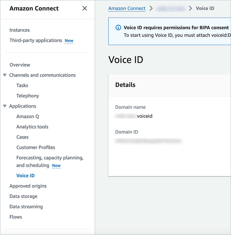 Section Voice ID de la console Amazon Connect qui affiche le champ ID de domaine requis pour la restauration du domaine.