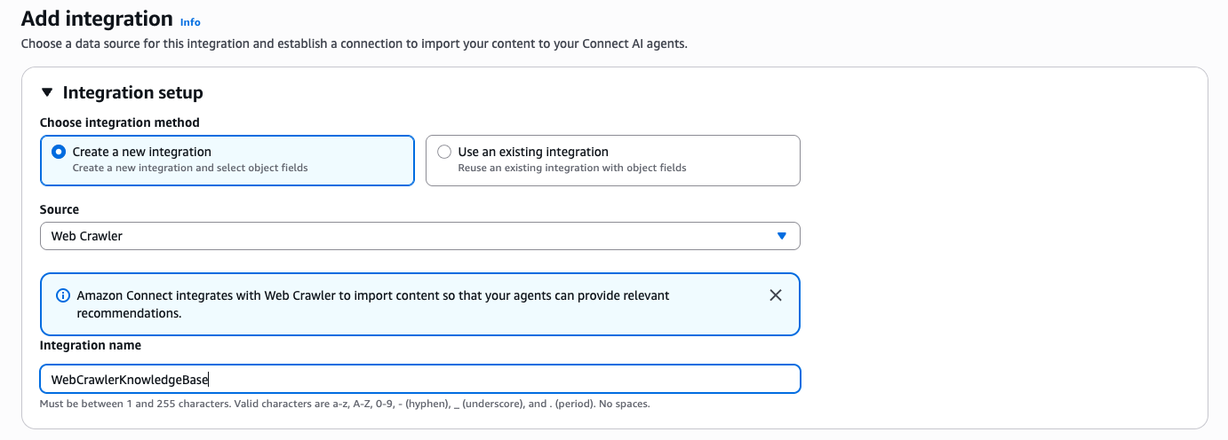 Page de configuration de l’intégration du robot d’indexation affichant le champ Nom de l’intégration dans lequel les utilisateurs saisissent le nom de leur nouvelle connexion.