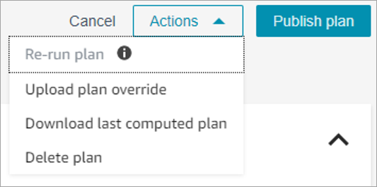 Page Plans de capacité affichant le menu déroulant Actions avec l’option Réexécuter le plan, car aucune modification n’a été apportée aux entrées du plan ou au scénario.