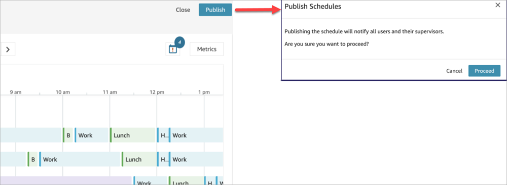 Page de planning, bouton Publier, bouton Continuer.
