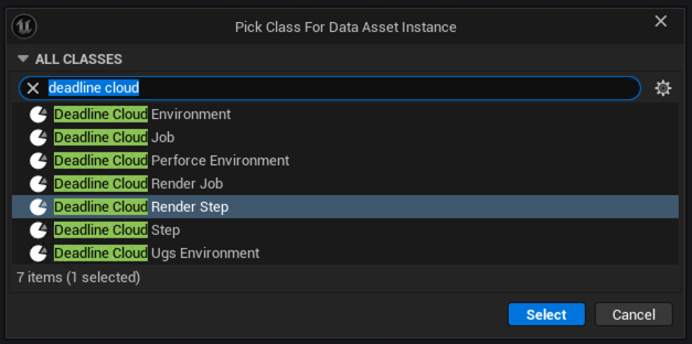 La boîte de dialogue Pick Class For Data Asset Instance est filtrée sur « Deadline Cloud », avec Deadline Cloud Render Step sélectionnée.