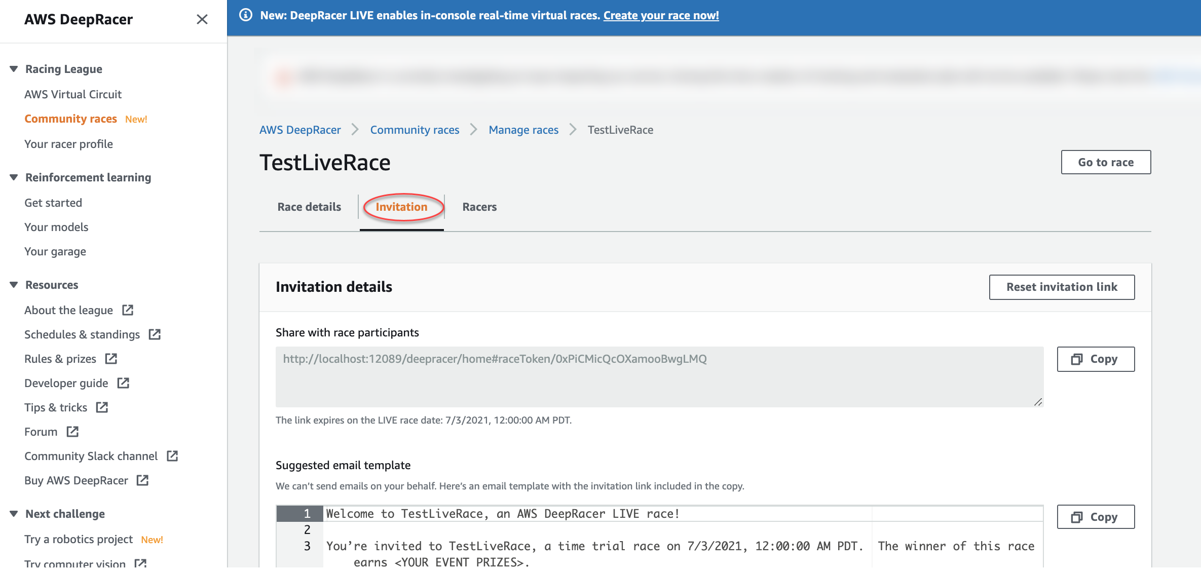Copiez le lien d'invitation pour partager votre course privée en direct.