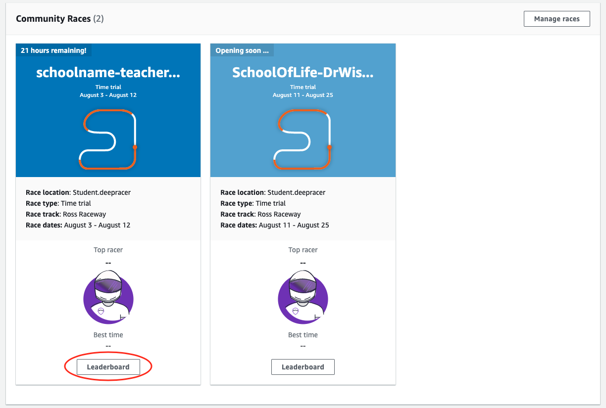 Le bouton « Leaderboard » est encerclé sur l'image d'une carte Student Community Race.