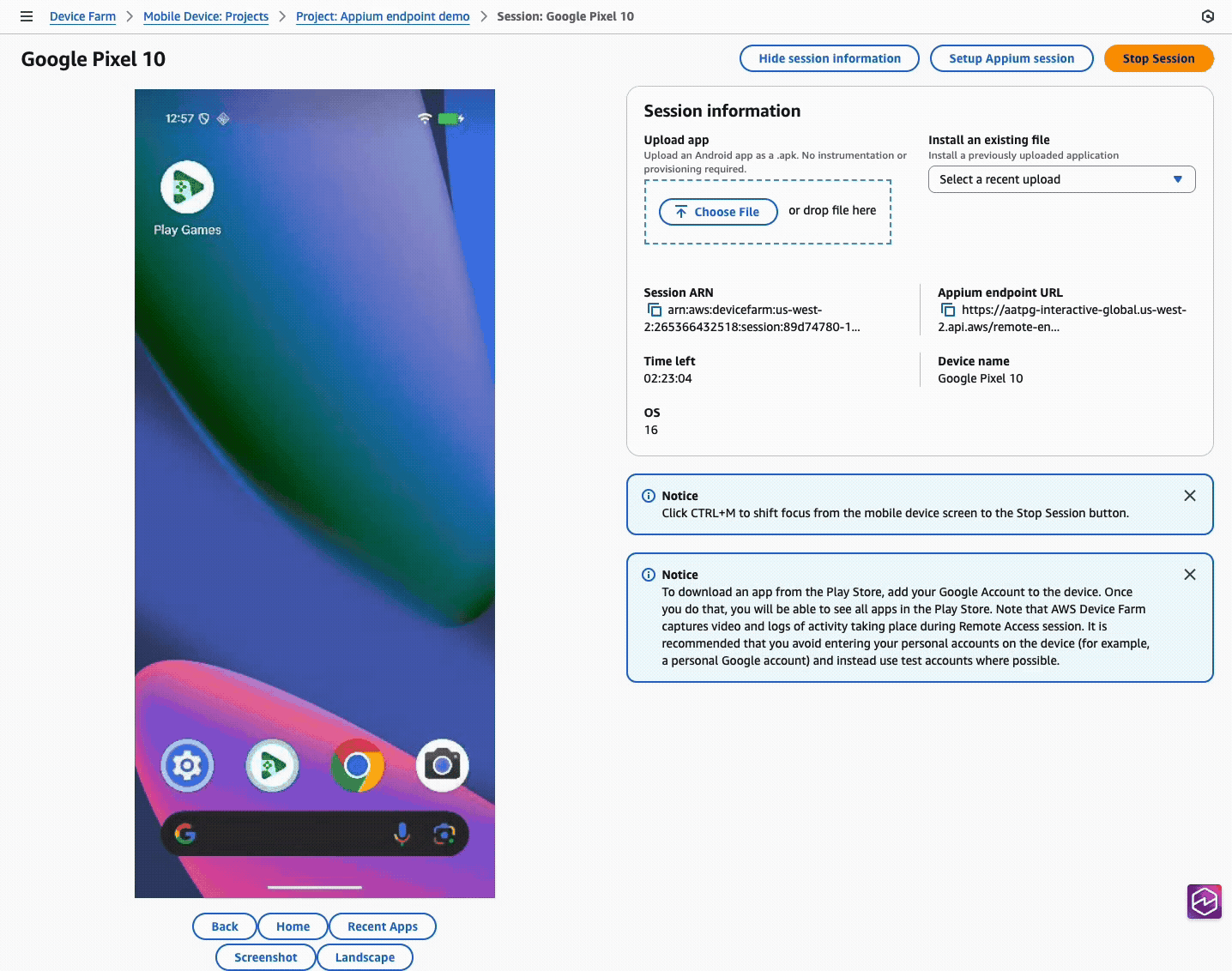 Les journaux du serveur Appium apparaissent au démarrage de votre session Appium