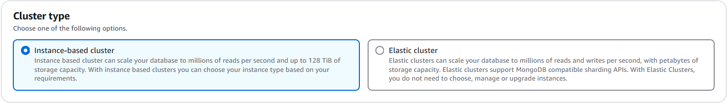 Sélection du type de cluster avec l'option Cluster basé sur l'instance mise en évidence et description des deux types de cluster.