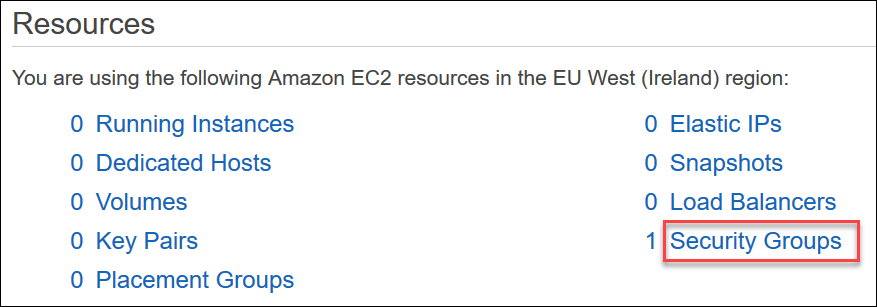 Image : liste de ressources mettant en évidence l'option de lien Security Groups.