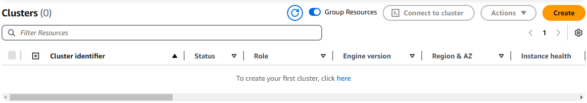 Tableau de bord des clusters vide avec des options pour créer un nouveau cluster et gérer les ressources.