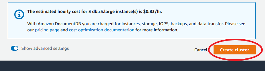 Le bouton Créer un cluster apparaît à la fin du processus de création du cluster.
