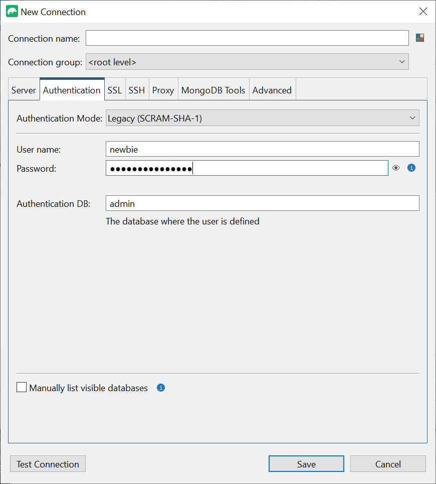 Onglet Authentification de l'interface Nouvelle connexion avec le mode d'authentification existant sélectionné et les informations relatives au nom d'utilisateur, au mot de passe et à la base de données d'authentification fournies.
