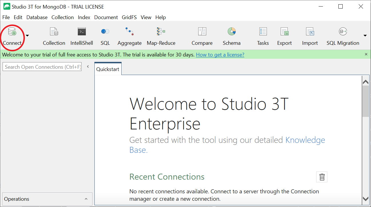 Interface Studio 3T affichant l'écran de bienvenue et l'option Connect surlignés dans le coin supérieur gauche.