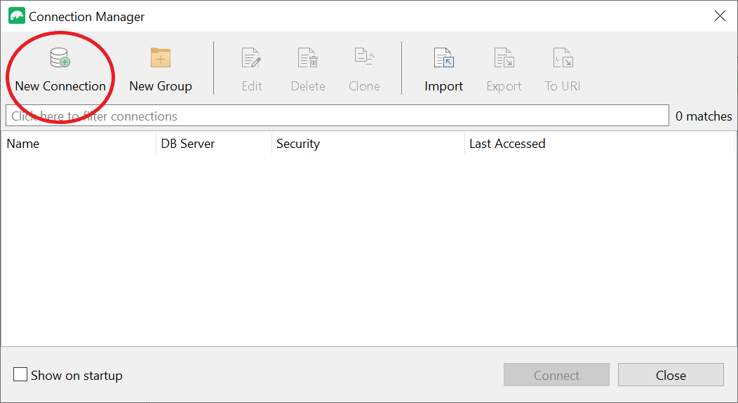 Interface Connection Manager avec l'option Nouvelle connexion surlignée dans le coin supérieur gauche.