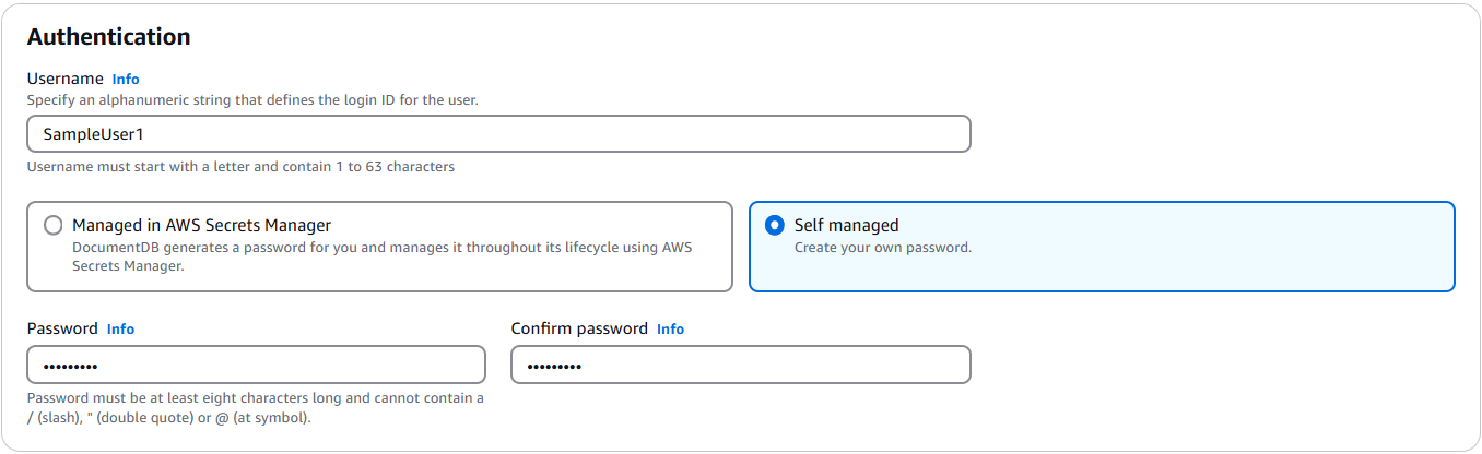 Sélection du type d'authentification avec l' AWS Secrets Manager option Managed in surlignée et les deux types d'authentification décrits.