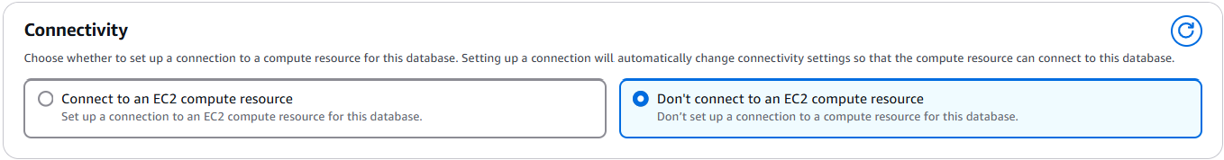 Paramètres de connectivité pour la base de données avec options permettant de se connecter ou de ne pas se connecter à une ressource de calcul EC2.
