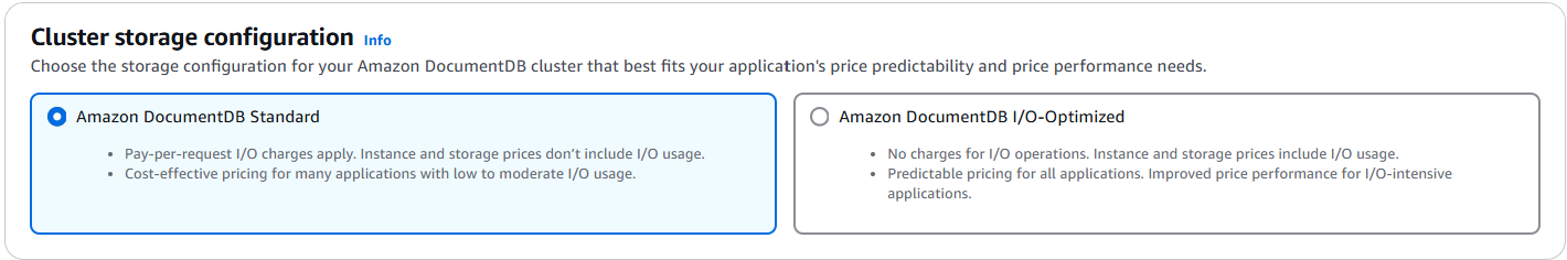 Sélection du type de stockage avec l'option Amazon DocumentDB Standard mise en évidence et description des deux types de stockage.