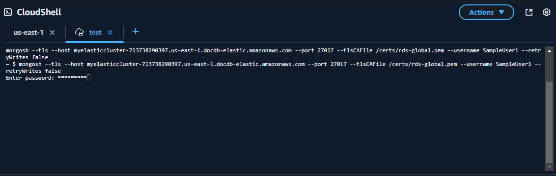 CloudShell Écran du cluster demandant le mot de passe utilisateur