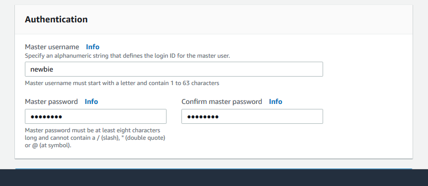 Formulaire d'authentification permettant de spécifier un nom d'utilisateur et un mot de passe principaux pour un nouveau cluster Amazon DocumentDB.