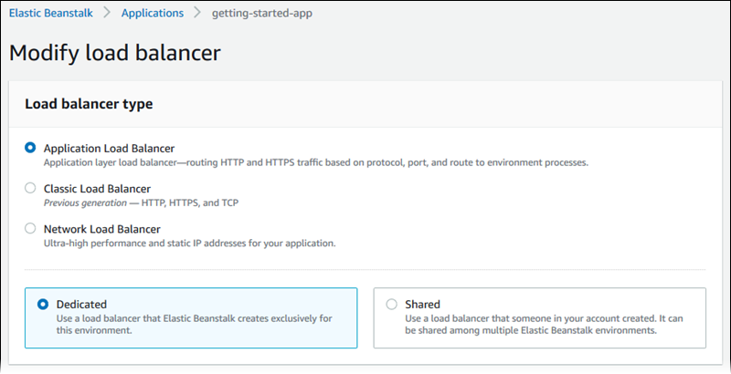 Page de configuration de l'équilibreur de charge Elastic Load Balancing – Choix du type d'équilibreur de charge