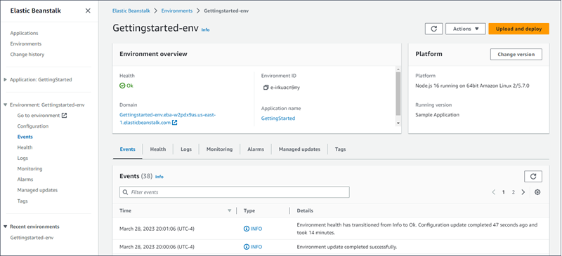 Image de la console de gestion de l'environnement montrant le menu déroulant Actions.