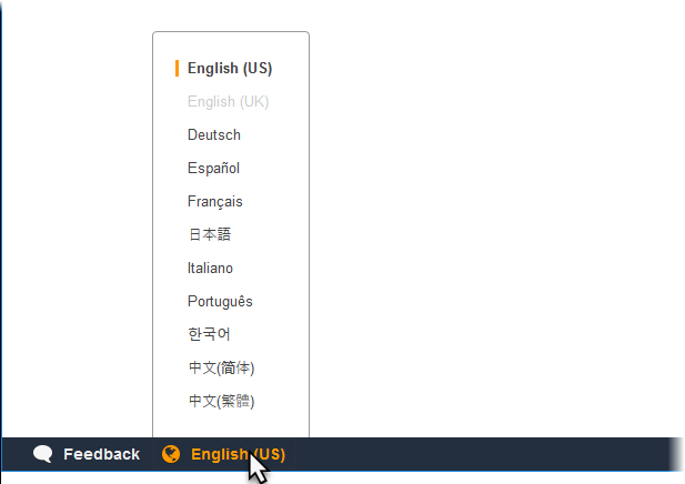 Menu de sélection de la langue de la console Elastic Beanstalk