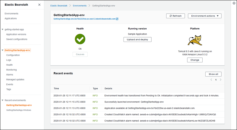 Page Environnement de la console Elastic Beanstalk