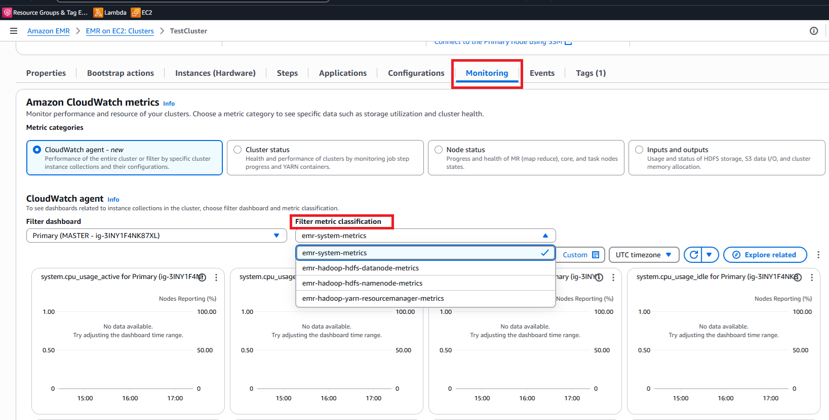EMR cluster monitoring dashboard showing CloudWatch metrics and filter options.