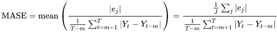 Mathematical formula for Mean Absolute Scaled Error (MASE) with summation and absolute value notations.