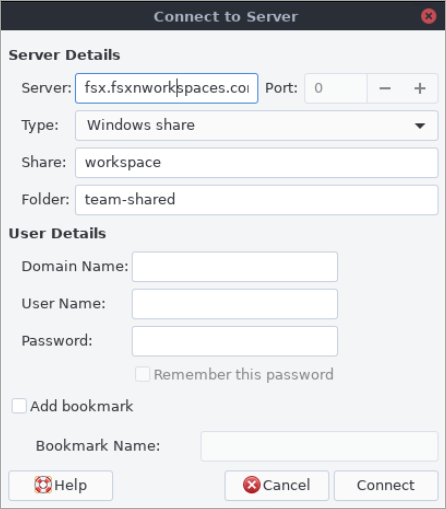 La boîte de dialogue Connect to Server affiche une connexion à un partage SMB.