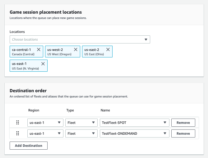 Capture d'écran de console illustrant les emplacements et l'ordre de destination de la file d'attente d'exemple.