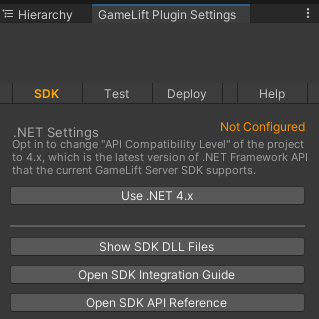 Amazon GameLift Serversplugin pour le menu des paramètres du plugin Unity.