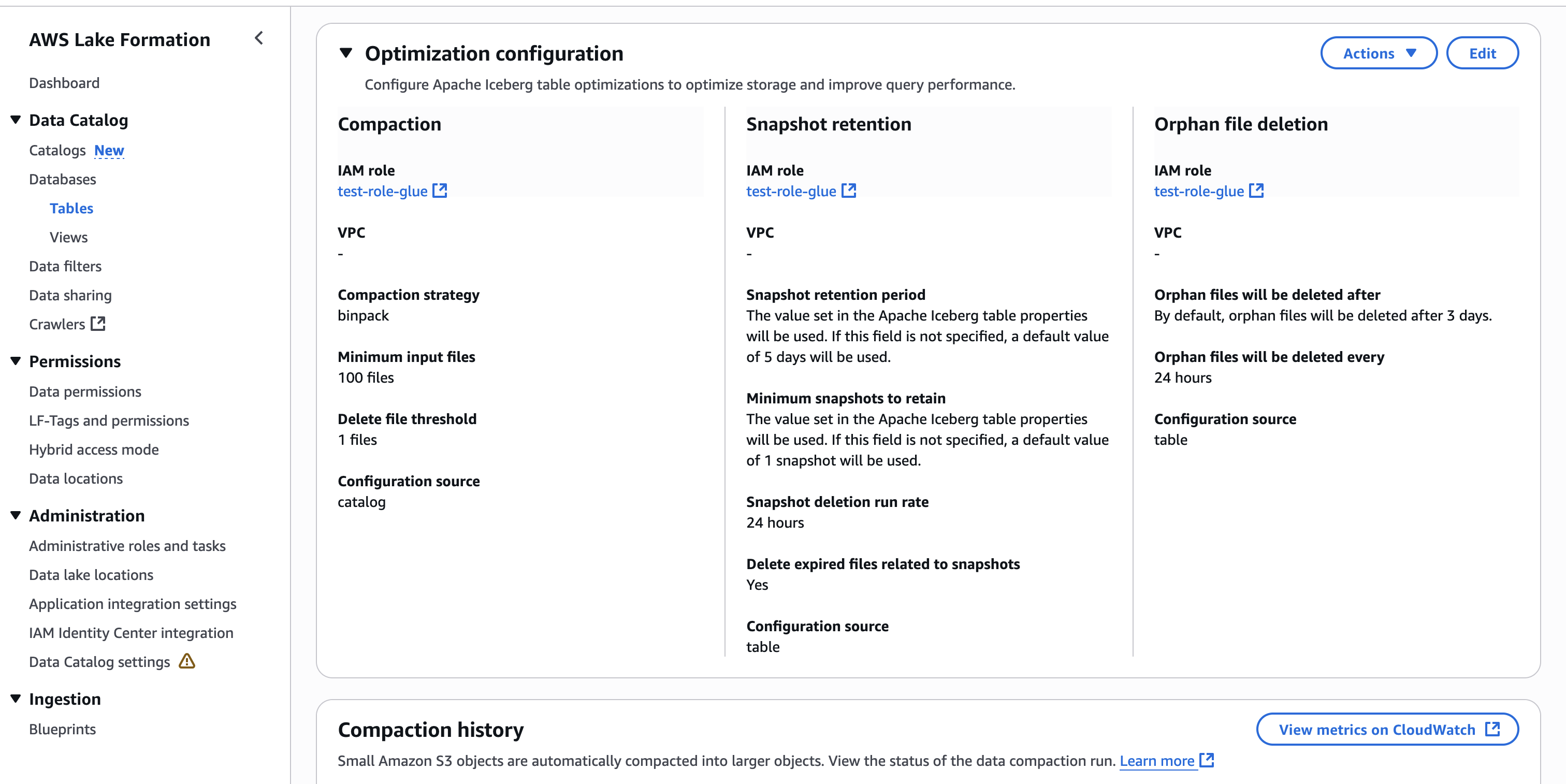 Une image d’une table Apache Iceberg avec une configuration d’optimisation au niveau du catalogue a été appliquée.