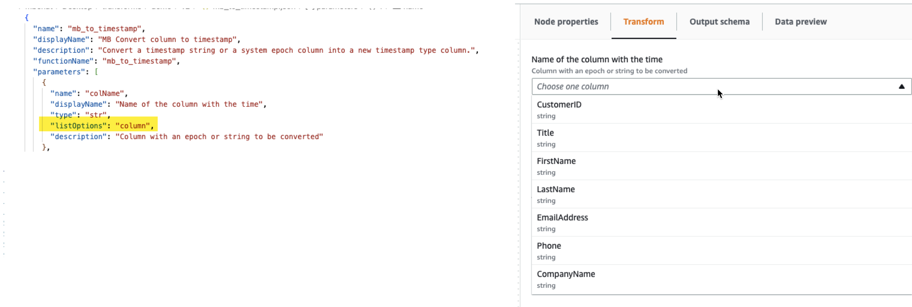 La capture d'écran montre un exemple de fichier JSON dont le paramètre listOptions est défini sur « column » et l'interface utilisateur résultante dans AWS Glue Studio.