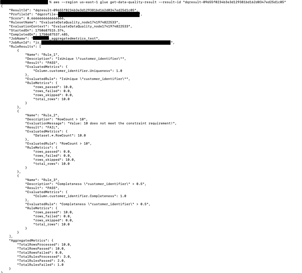 La capture d'écran montre les métriques agrégées et la structure des métriques de règles pour les évaluations de AWS Glue Data Quality.