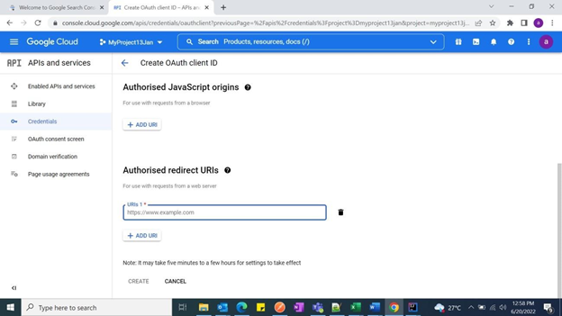 La capture d'écran montre la page Créer un identifiant OAuth client et la URIs section de redirection autorisée. Ici, ajoutez l'URI URIs et choisissez AJOUTER un URI si nécessaire. Choisissez CRÉER une fois que vous avez terminé.