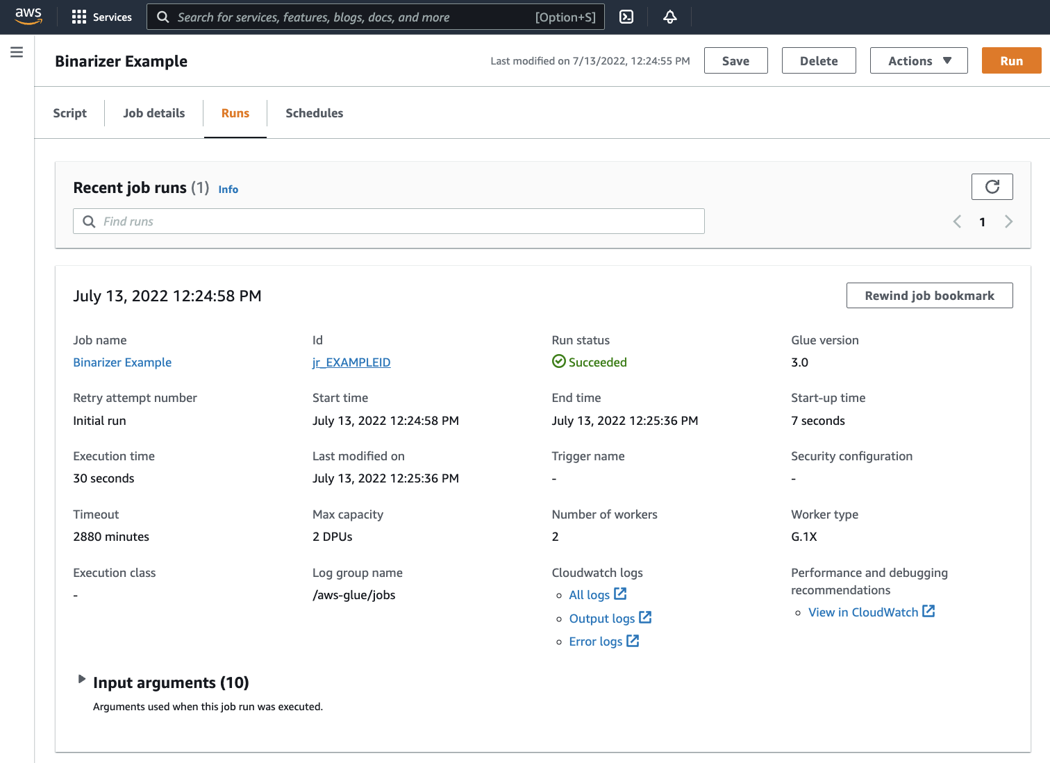 La page exécute la tâche avec un statut d’exécution réussie.