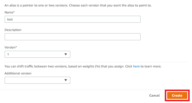 Page Créer un alias avec l'option Créer mise en évidence.