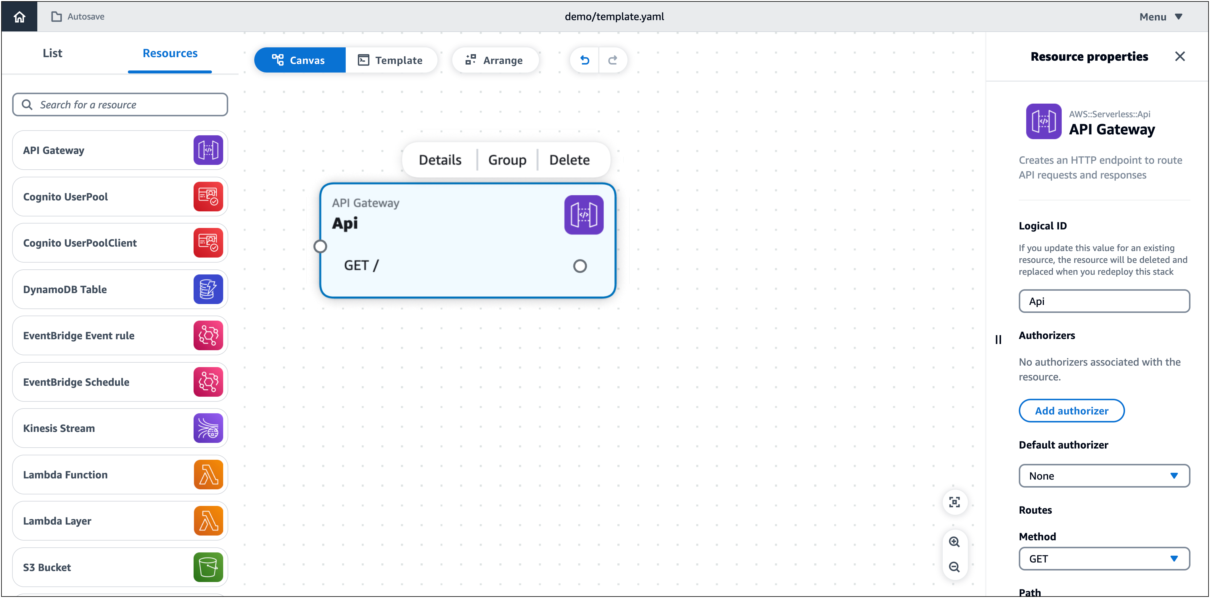 Une ressource API Gateway sur le canevas avec le panneau des propriétés des ressources ouvert.