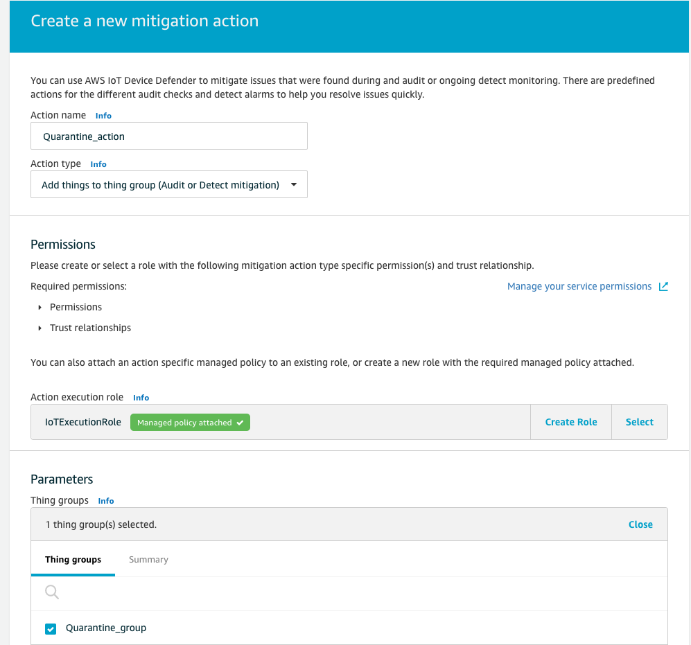 Formulaire de configuration AWS IoT Device Defender des actions d'atténuation avec les champs Nom de l'action, Type d'action, Autorisations, Rôle d'exécution de l'action et Groupes d'objets.