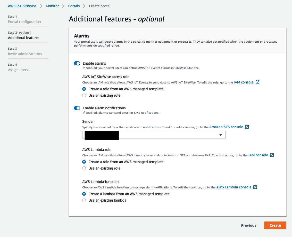 Page de fonctionnalités supplémentaires permettant d'activer les alarmes pour les portails.