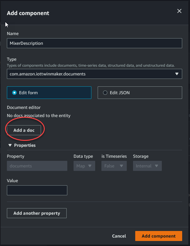 Une page de console TwinMaker Ajouter un composant affichant le champ Nom et le bouton « Ajouter un document ».