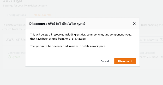 La boîte de dialogue Déconnecter la AWS IoT SiteWise synchronisation comporte des boutons permettant d'annuler ou de déconnecter la tâche de synchronisation.