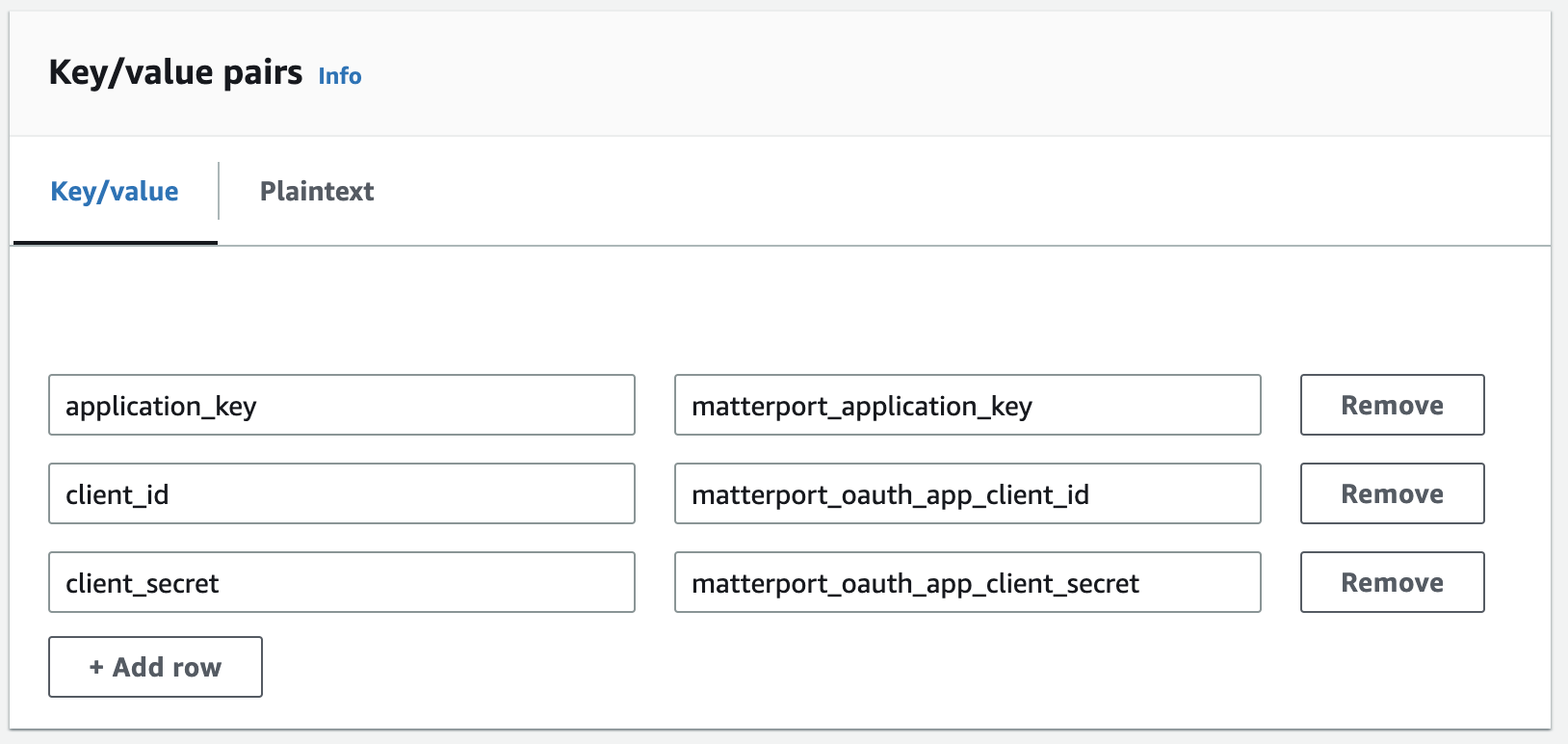 Les paires clé-valeur requises répertoriant les informations d'identification Matterport utilisées dans le processus d'intégration.