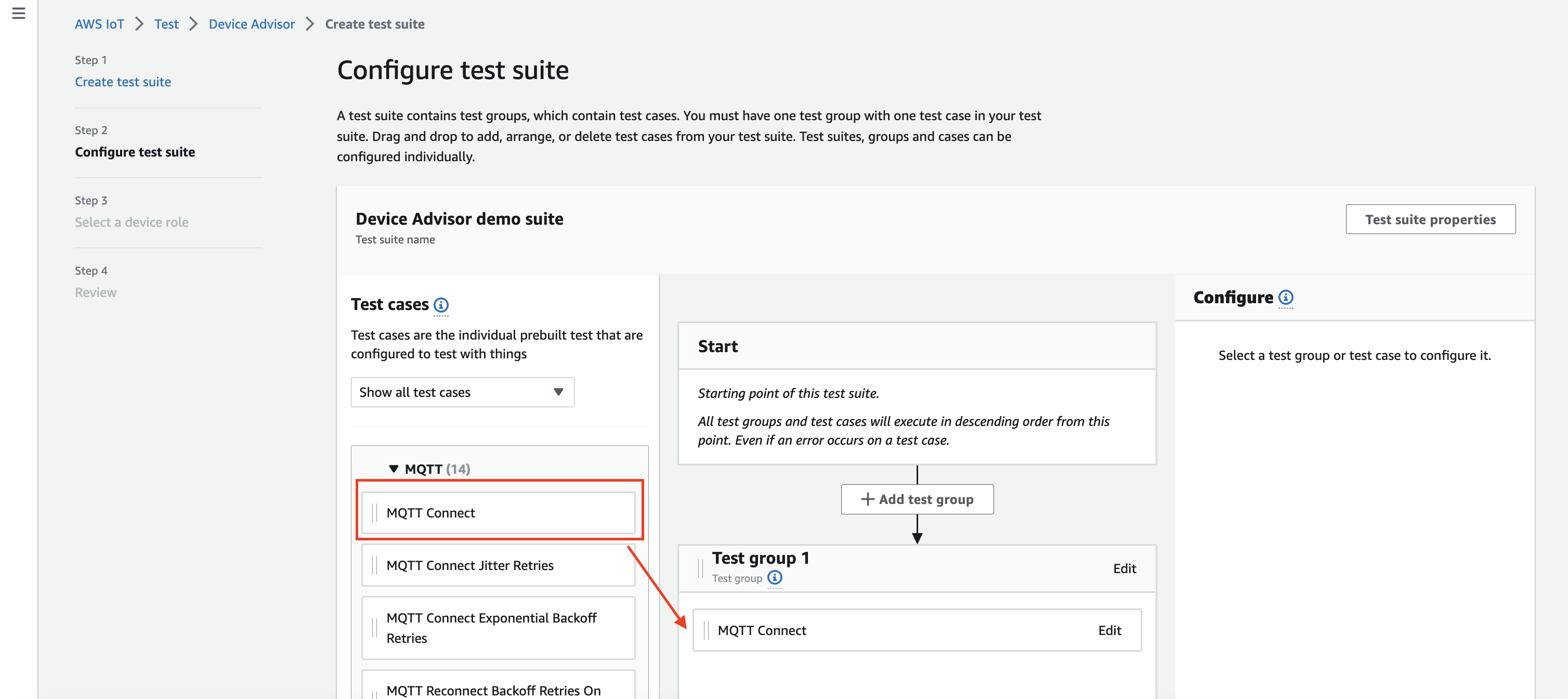 Interface de configuration permettant de créer une suite de tests dans Device Advisor, avec des options permettant d'ajouter des groupes de test et des cas de test pour tester les appareils IoT.