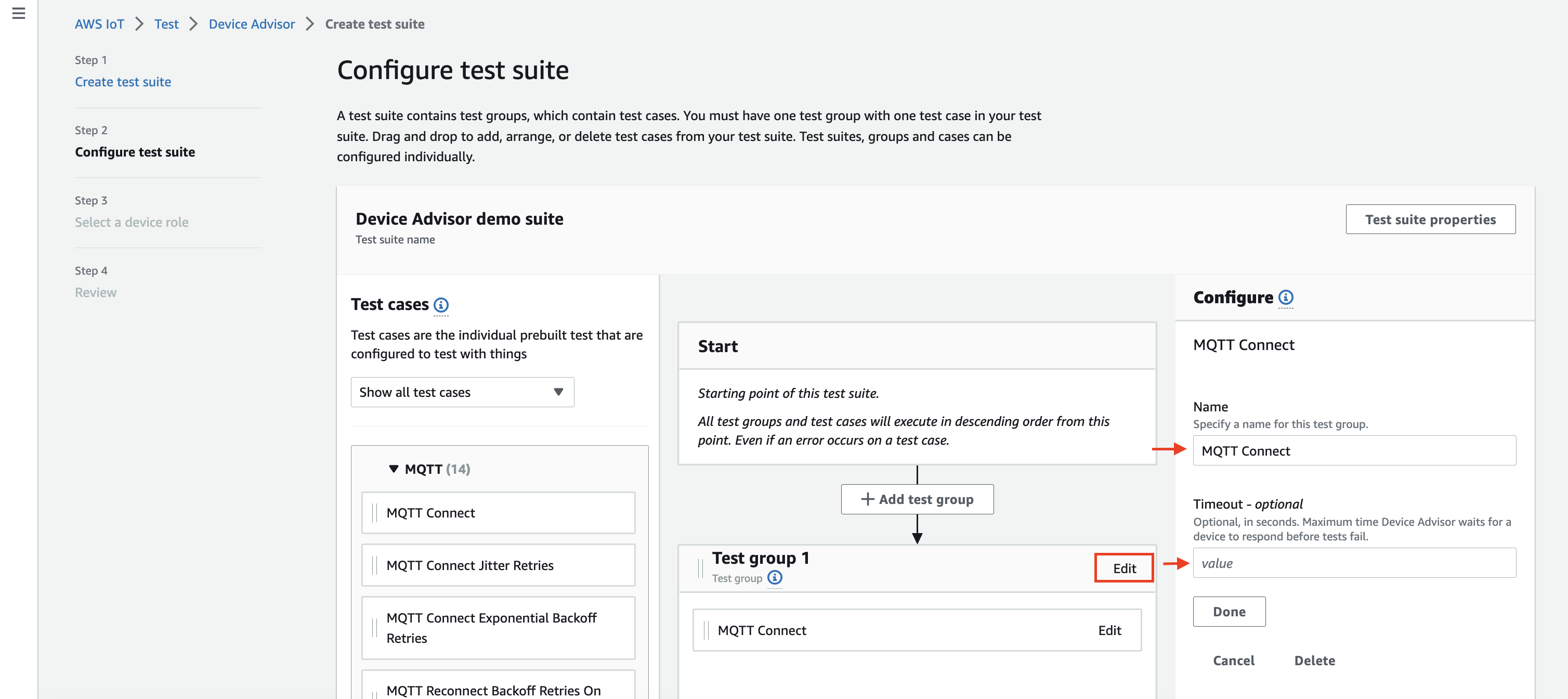 Interface de configuration de la suite de tests avec des options pour configurer les groupes de tests, les cas de test, les paramètres de délai d'expiration et les points de départ pour l'exécution de la suite de tests.