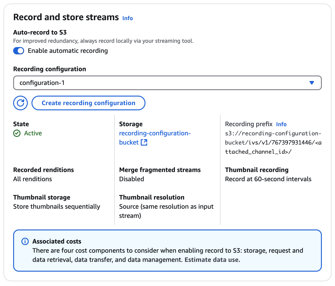 Pour créer un canal à l’aide de la console IVS : nouvelle configuration d’enregistrement créée.