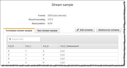 Capture d'écran de la console montrant le schéma intégré à l'application avec 4 colonnes.