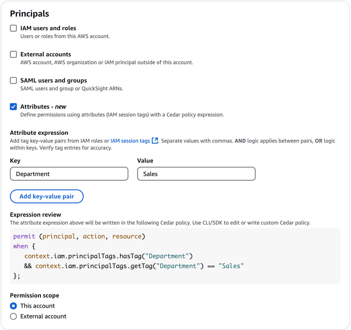 Interface permettant d'ajouter des principes et des ressources avec une expression d'attribut.