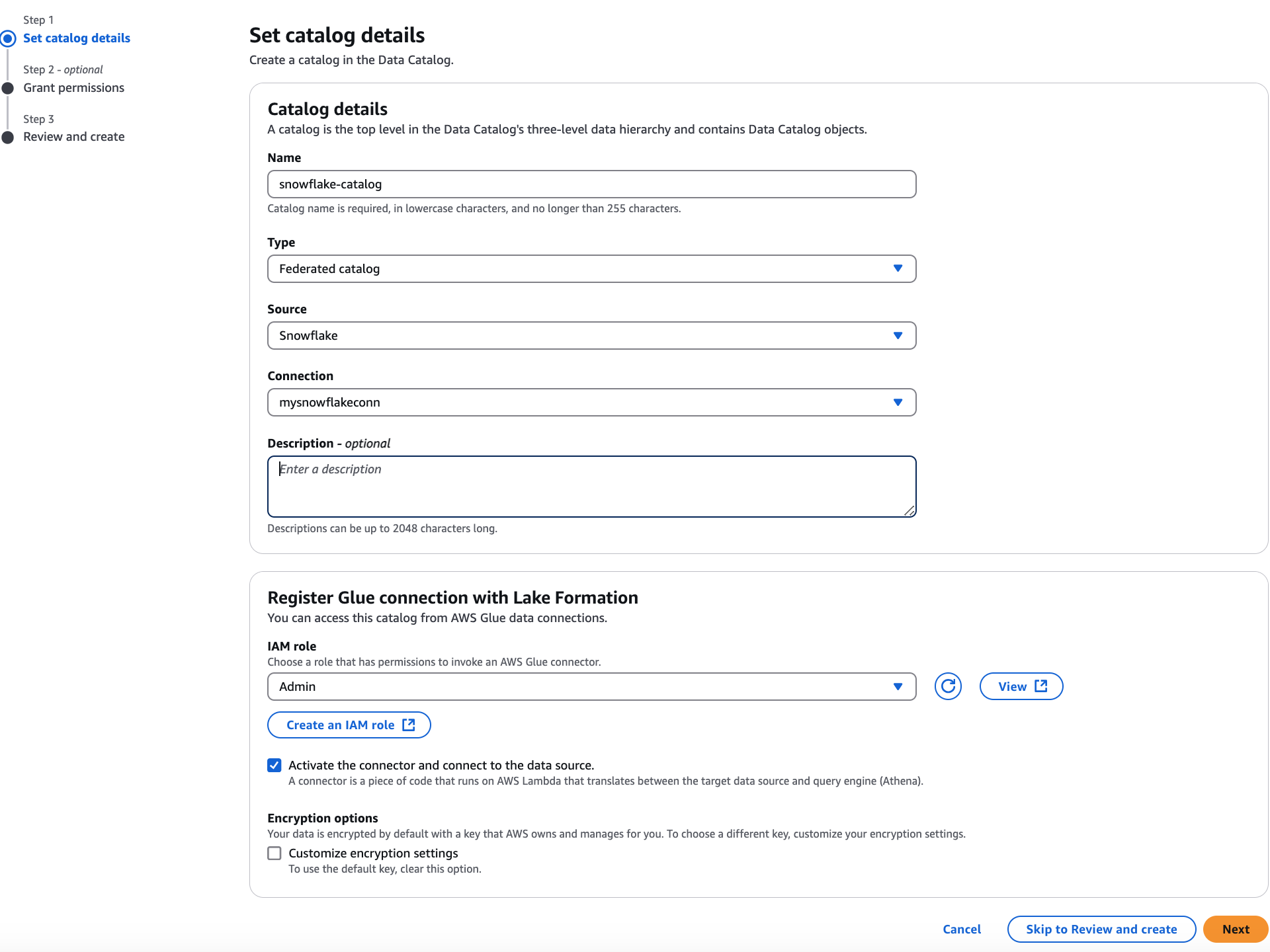 La page de création de catalogue avec options.