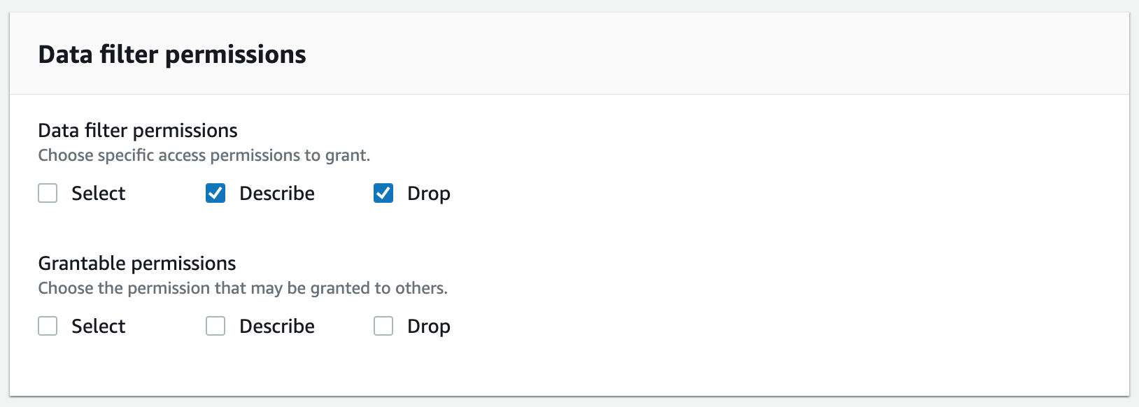 L'image est une capture d'écran de la section Autorisations du filtre de données sur la page Autorisations de la console Lake Formation. Pour les « autorisations de filtrage de données », l'autorisation de sélection n'est pas sélectionnée, tandis que les autorisations de description et de suppression sont sélectionnées. Sous « Autorisations pouvant être accordées », aucune autorisation n'est sélectionnée (Sélectionner, Décrire, Supprimer).